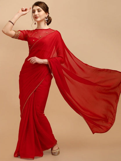 Red Color Heavy Satin Crap Silk Saree
