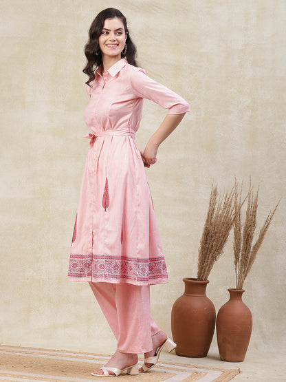 Abstract Block Printed Mother-Of-Pearl Buttoned Kurta With Pants - Pink