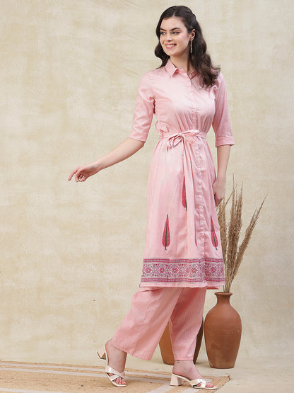 Abstract Block Printed Mother-Of-Pearl Buttoned Kurta With Pants - Pink