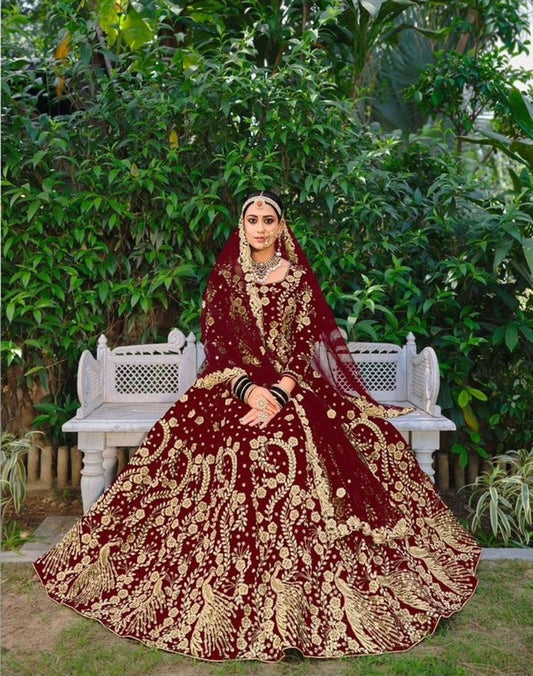 Designer Wedding Wear Maroon Velvet Lehenga Choli Semi Stitched Latest Design