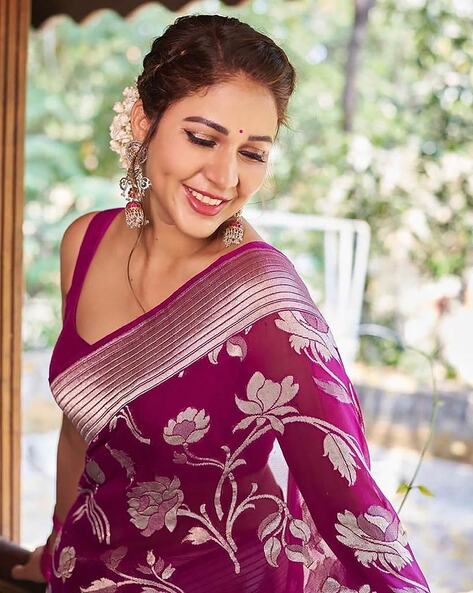 all about you Purple Woven Design Silk Blend Saree