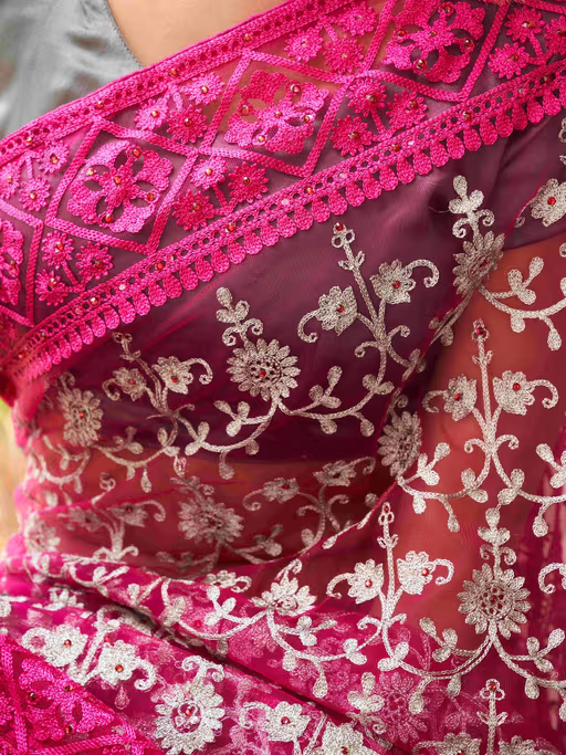 all about you Pink Embroidered with Bead Work Net Saree