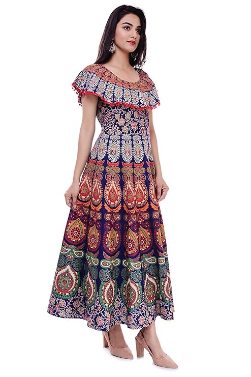 Jaipur Women's Stitched POM POM Casual Cotton Long Maxi Dress