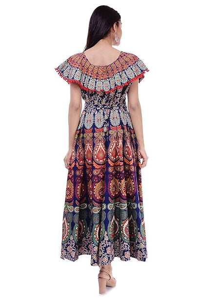 Jaipur Women's Stitched POM POM Casual Cotton Long Maxi Dress