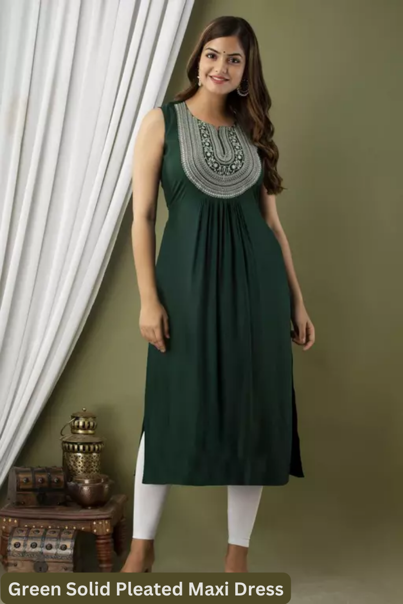 Women Teal Green Solid Pleated Maxi Dress