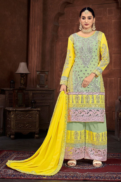 Yellow Color Designer Embroidery Work Sharara Suit