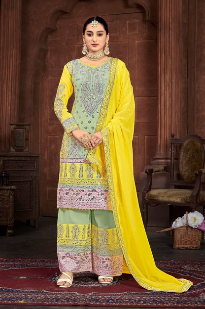 Yellow Color Designer Embroidery Work Sharara Suit