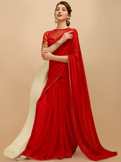 Red Color Heavy Satin Crap Silk Saree