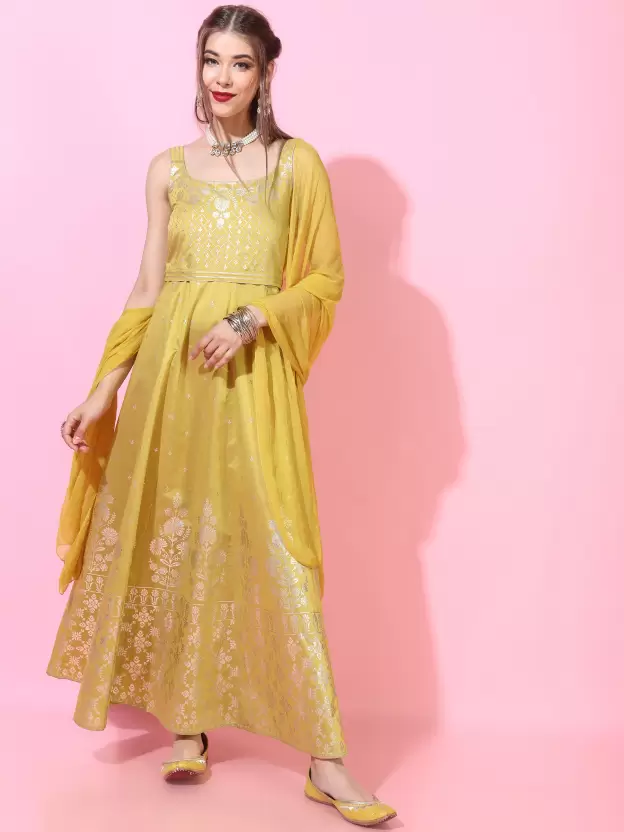 all about you Mustard Yellow & Golden Ethnic Motifs Print Maxi Dress with Longli