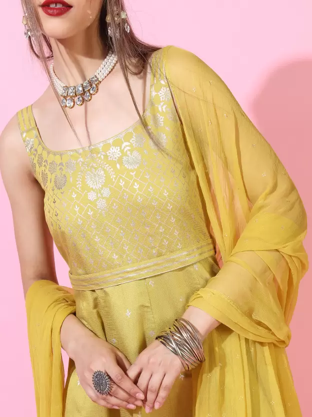 all about you Mustard Yellow & Golden Ethnic Motifs Print Maxi Dress with Longli