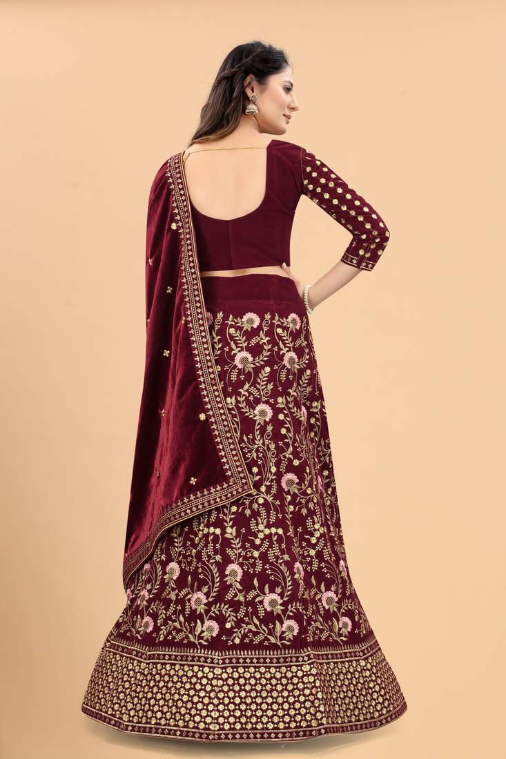 Velvet Fabric With Maroon Sequence Work Party Wear Lehengha