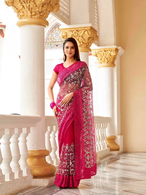 all about you Pink Embroidered with Bead Work Net Saree