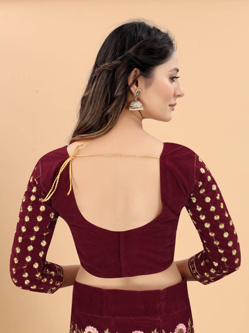 Velvet Fabric With Maroon Sequence Work Party Wear Lehengha