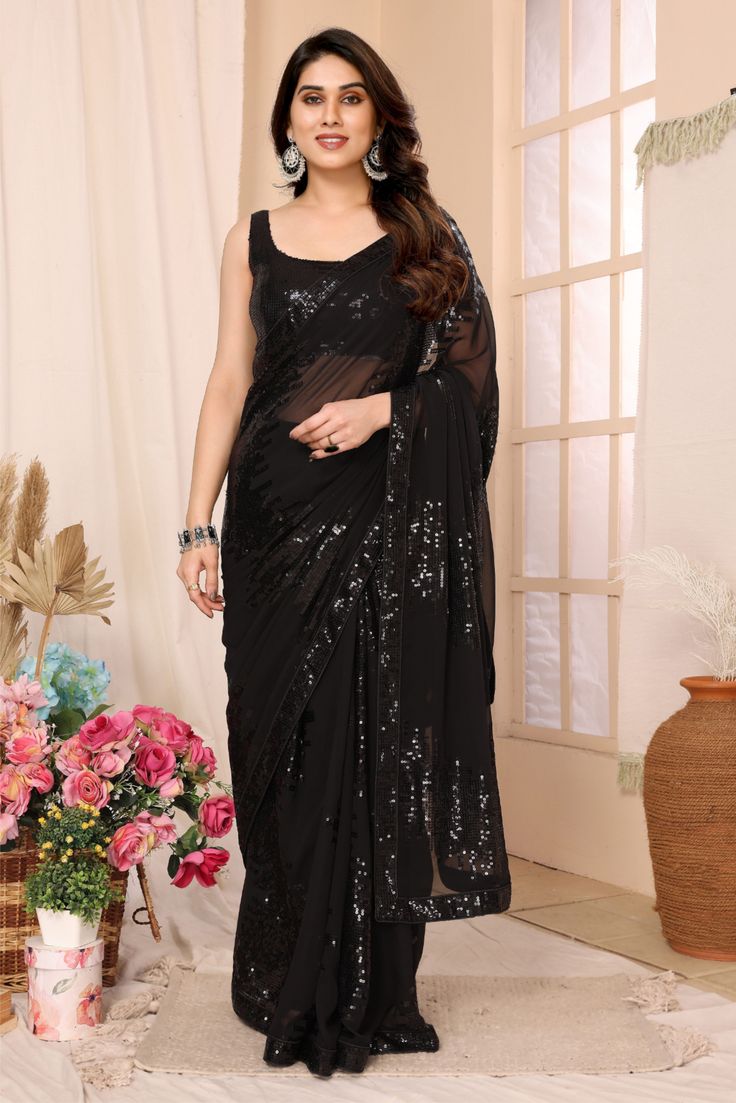 Black Georgette Sequance Work Designer Saree