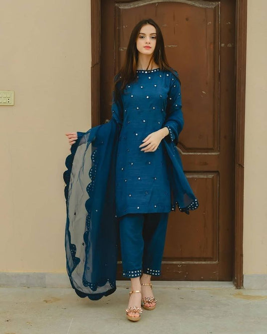 Blue Aliya Cut Dress With Real Mirror Work