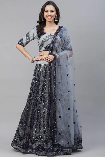 Velvet Fabric With Silver Sequence Work Party Wear Lehengha