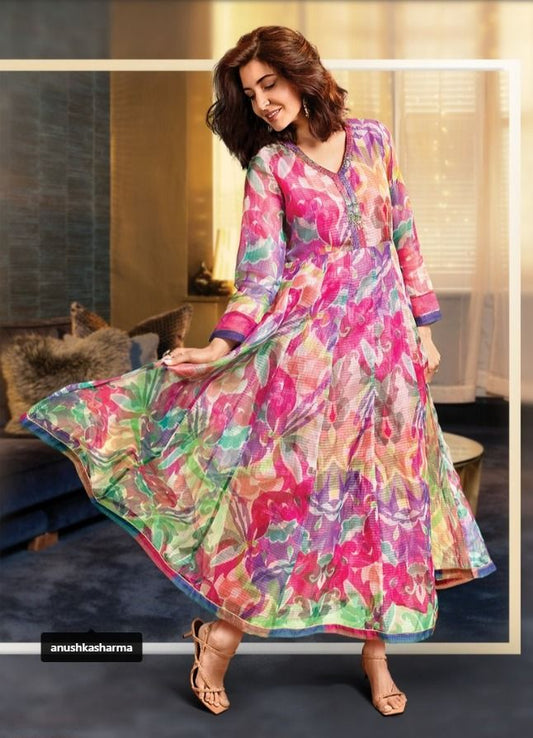 Multi-Coloured Printed Flared Long Kota Kurta