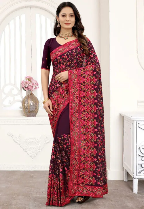 Wonderful Party Wear Red Color Georgette Embroidery Work Saree