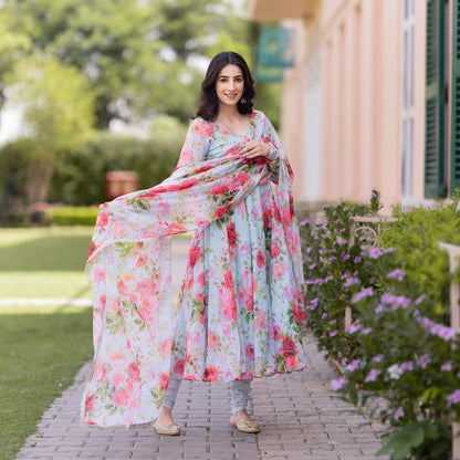 Floral Multi-coloured Printed Gown With Dupatta And Bottom Set