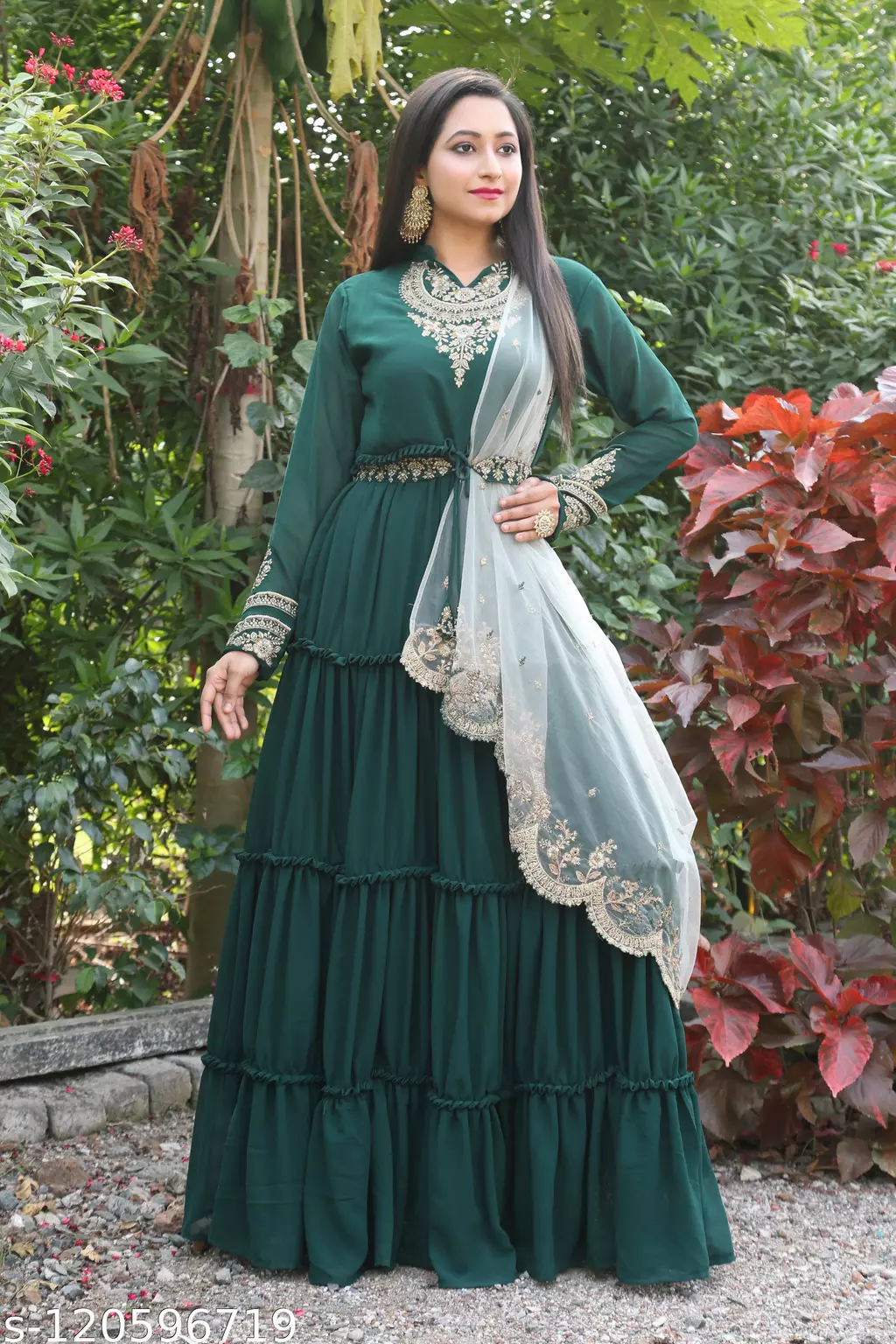 Green Color Full Stitched Faux Georgette Top with Santoon inner and Net Dupatta Embroidered Gown