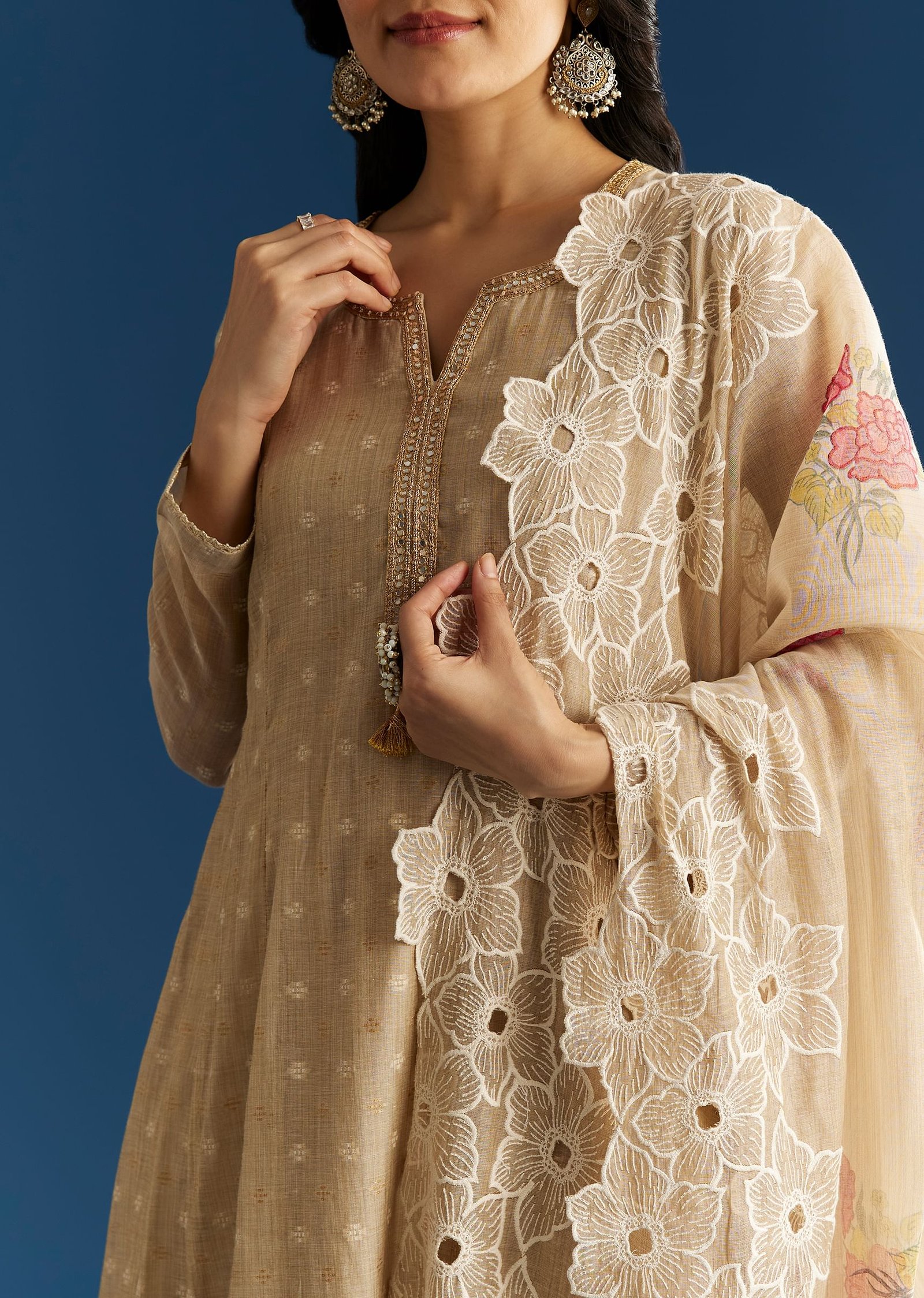 Zehra Beige Jamdani Anarkali with Floral Cutwork Dupatta - Image 3