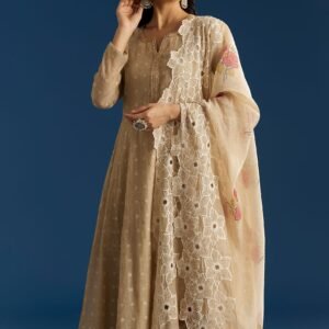 Zehra Beige Jamdani Anarkali with Floral Cutwork Dupatta