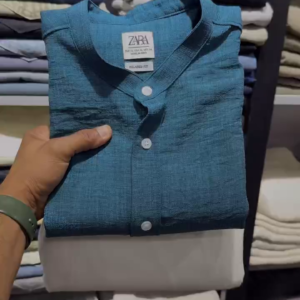 ZARA Premium Mandarin Collar Shirt with Classic White Linen Trousers – Teal Blue Set