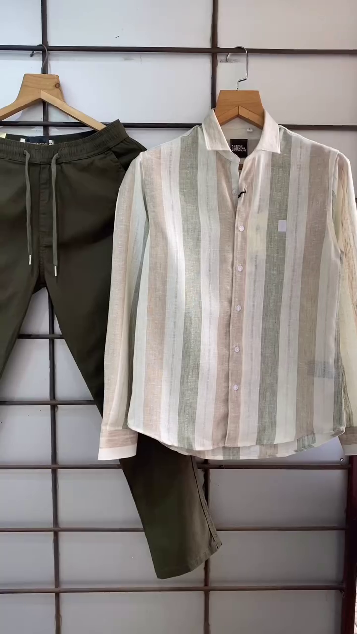 π€π€ Earth Tone Elegance β Multi-Stripe Linen Blend Shirt with Stretchable Brown Tapered Jogger Pants for Men - Image 5