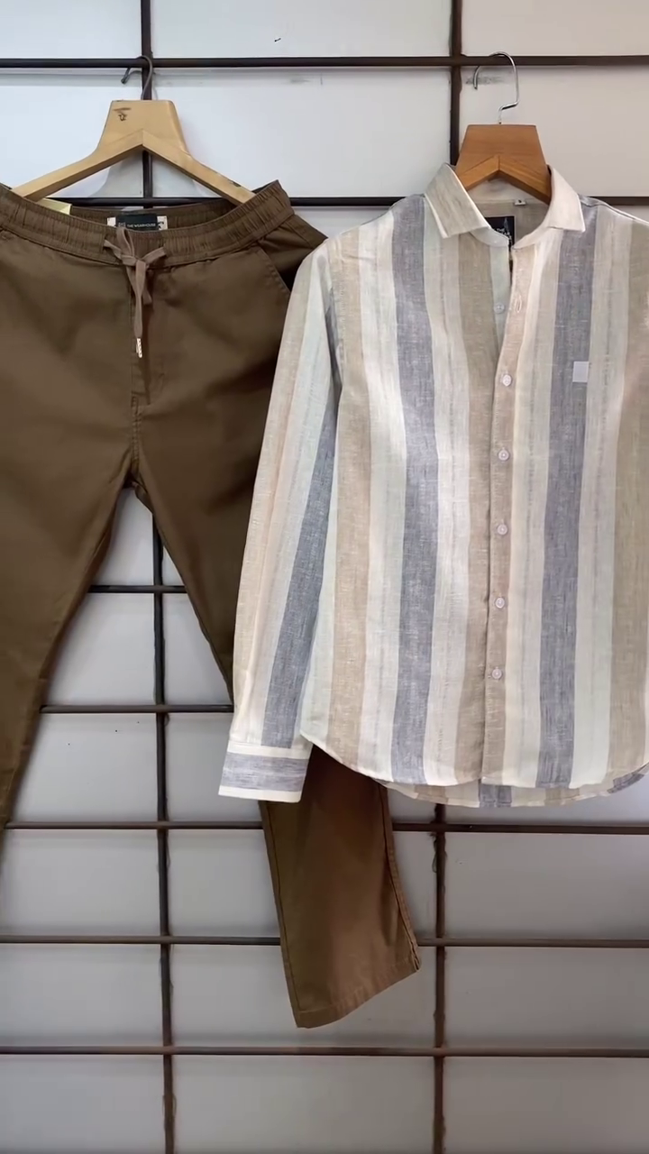 π€π€ Earth Tone Elegance β Multi-Stripe Linen Blend Shirt with Stretchable Brown Tapered Jogger Pants for Men - Image 4