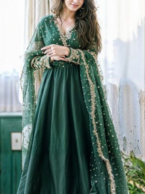 Emerald Green Kundan Work A-Line Anarkali