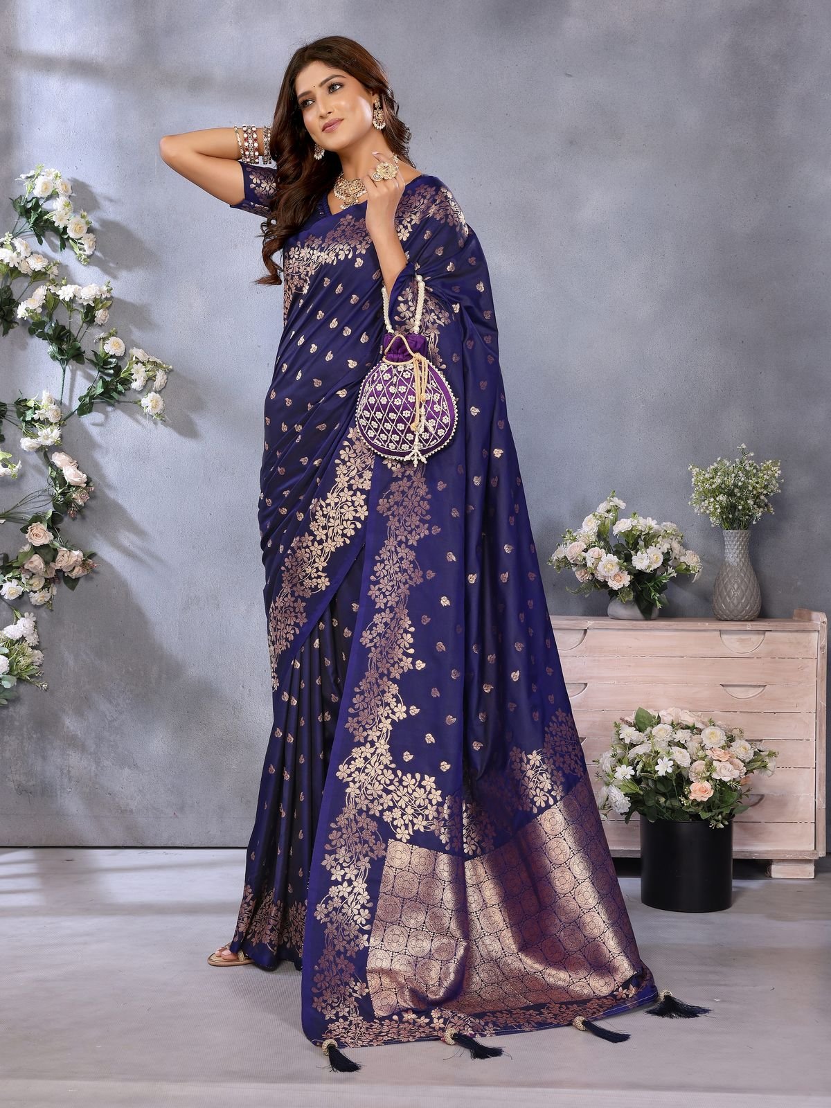 Navy Blue Woven Silk Blend Saree With Blouse - Banarasi-sarees