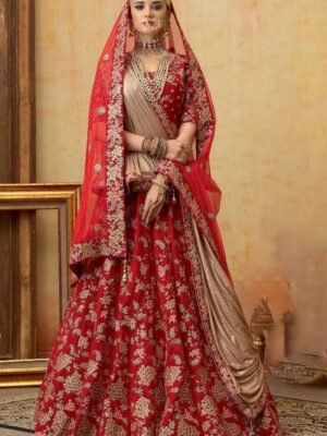Ruby Red Zari Embroidered Silk Lehenga
