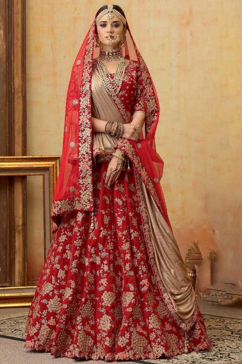 Ruby Red Zari Embroidered Silk Lehenga