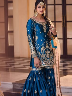 Teal Blue Embroidered Gharara with Dupatta