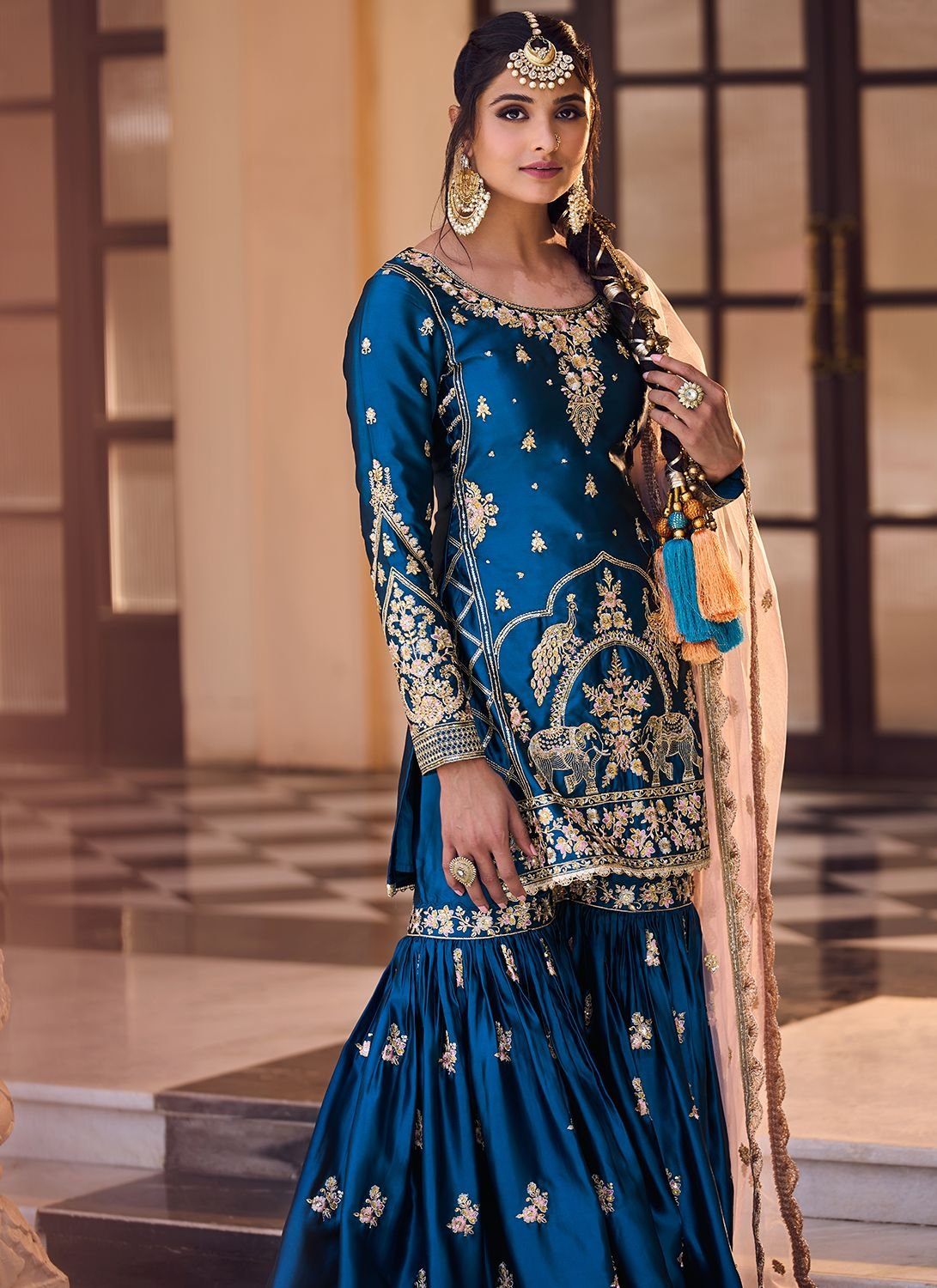 Teal Blue Embroidered Gharara with Dupatta