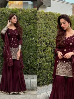 Wine Foil Work Peplum Sharara Set